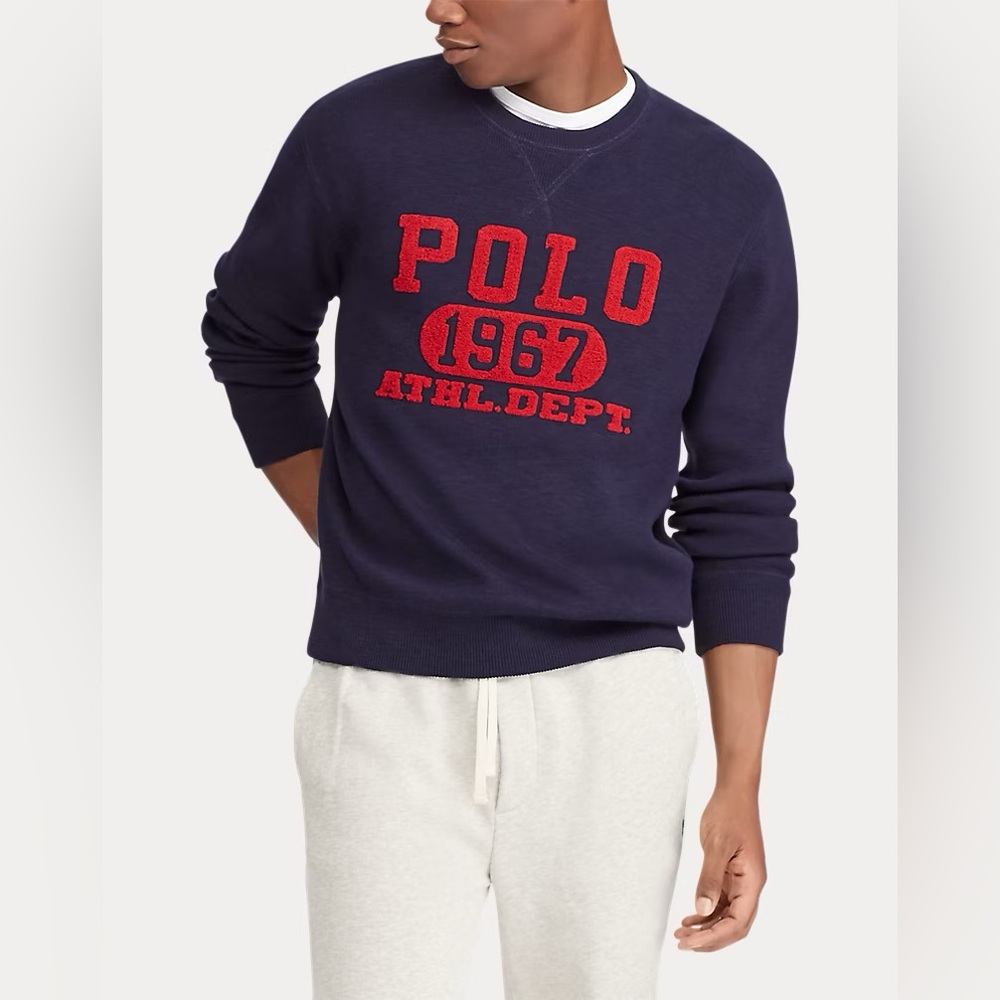 Polo Ralph Lauren mens L Large navy blue graphic crewneck pullover sweater EUC